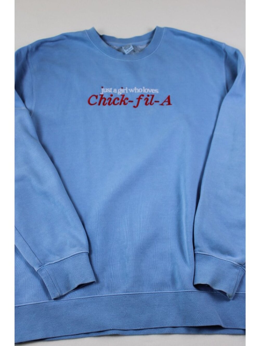 Just A Girl Who Loves Chick-Fil-A Blue Crewneck Sweatshirt Size L